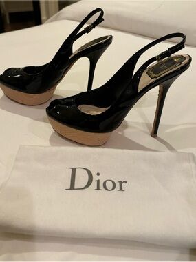 Christian Dior Black Patent Leather Peep-Toe Platform Slingback Heels 38 1/2